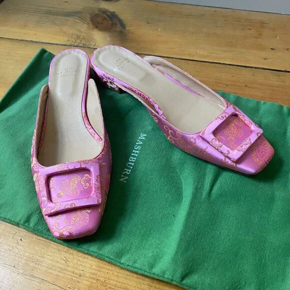 Ann Mashburn Pink and Orange Jacquard Floral Flats with Mule Buckle - Picture 1 of 8